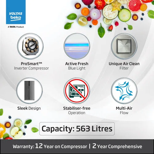 563 L Frost Free Side by Side Refrigerator with ProSmart Inverter Compressor (RSB585/FPV300RXID, Inox steel, Active Fresh Blue Light) , Voltas Beko, A Tata Product-img